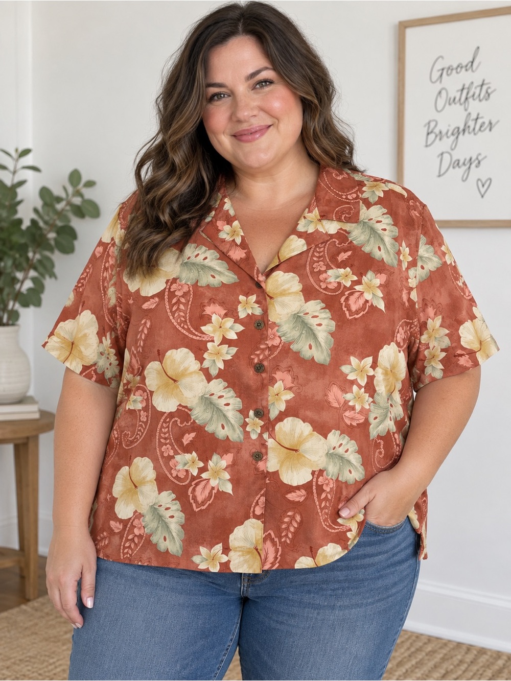 Caribbean Joe Women’s 3X Tropical Floral Rayon Button Front Shirt